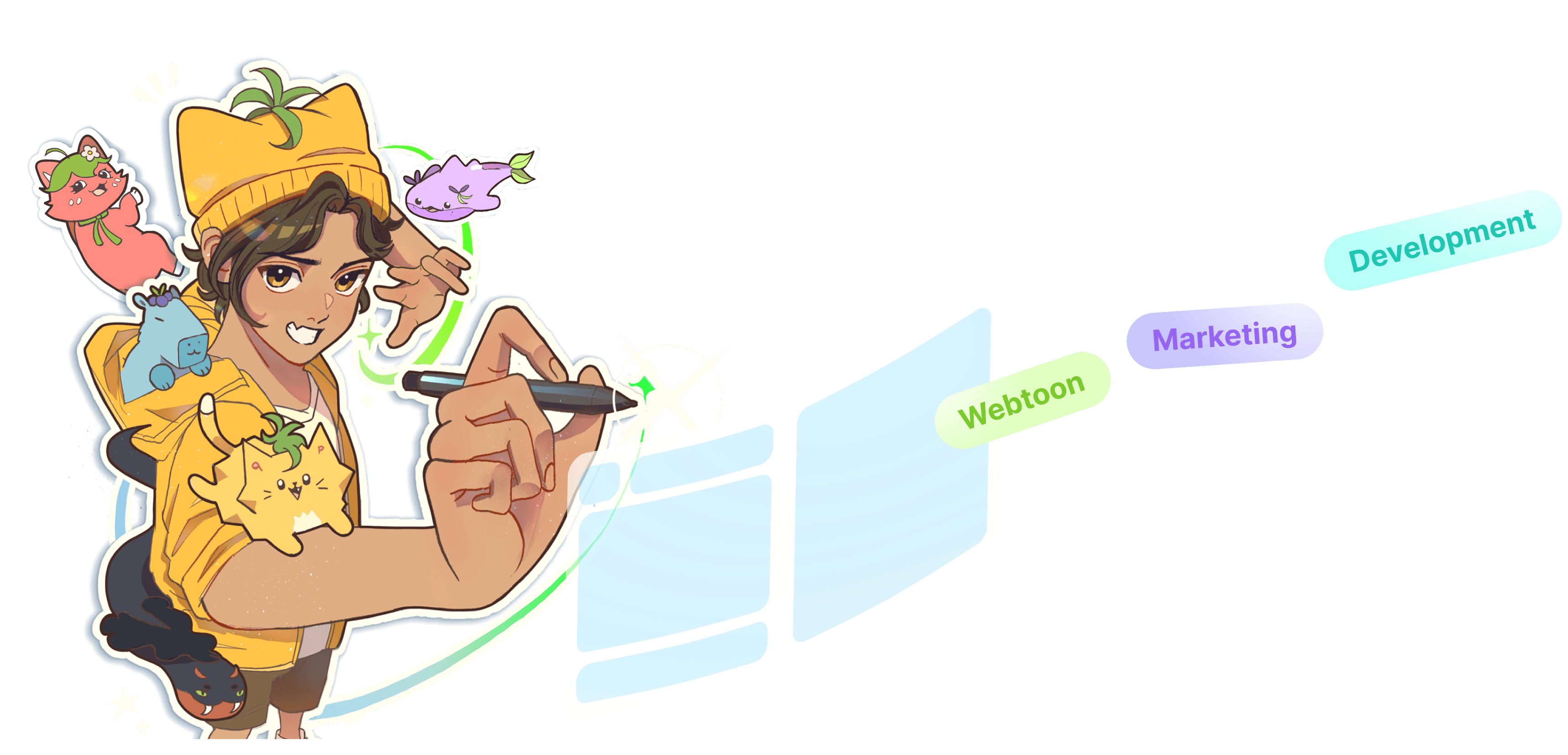 Studio Pinya — Piku drawing the three studio lanes: webtoon, marketing, development