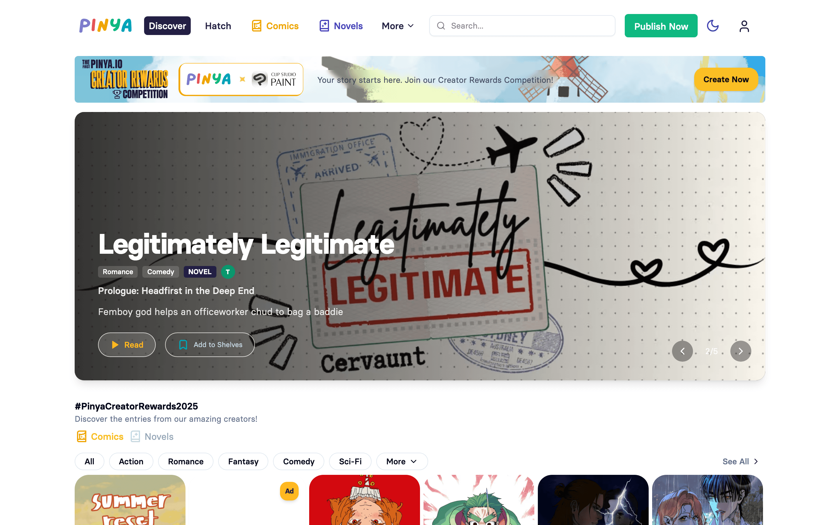 The pinya.io home page — featured story, genre chips, and the latest cover drops